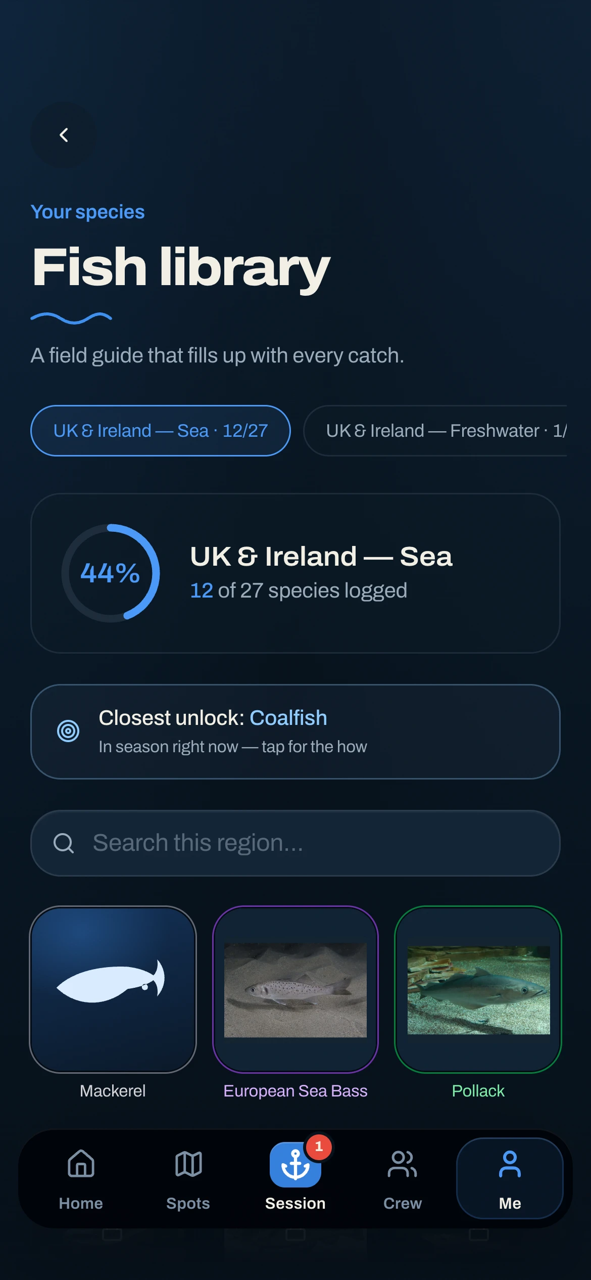 CAST Species Dex — regional collection progress with locked species