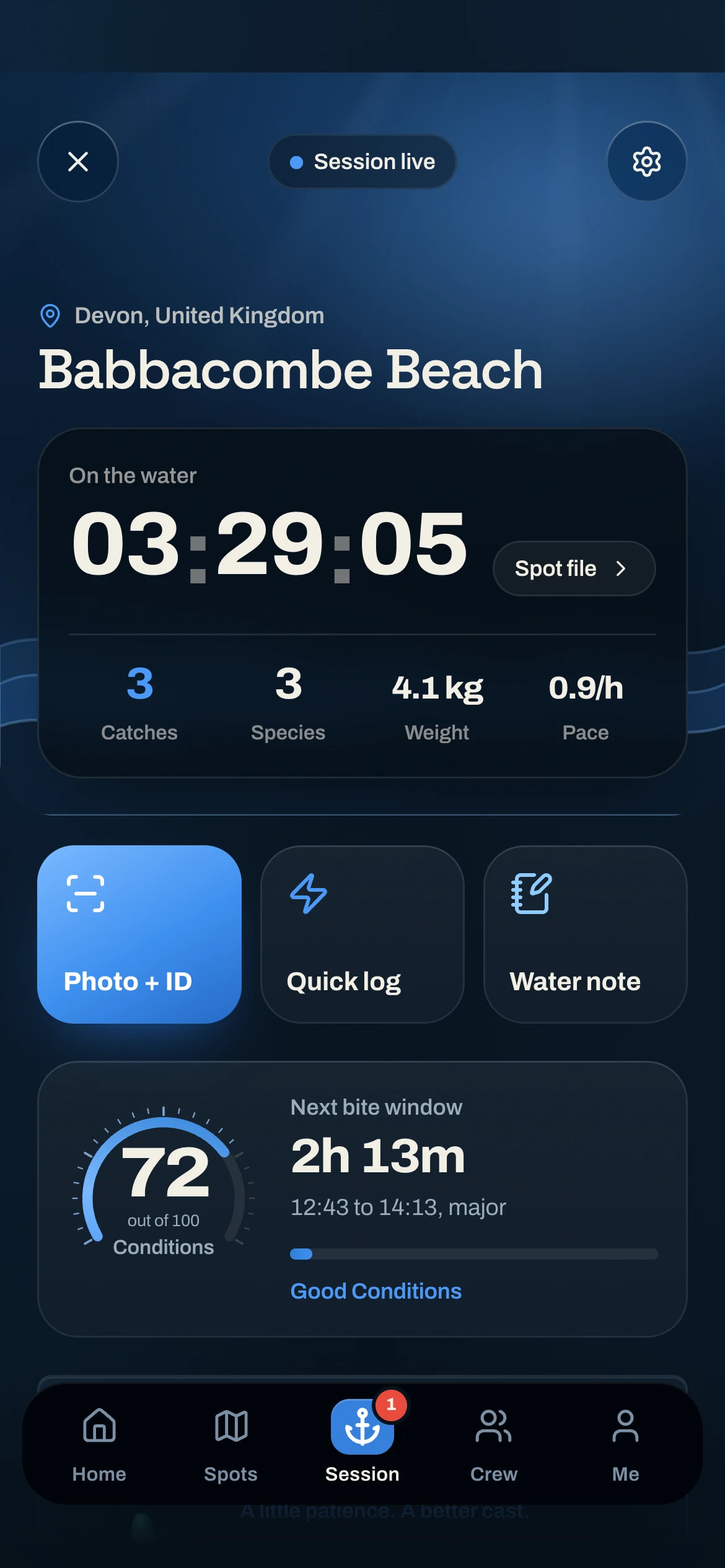 CAST live session — running timer, live conditions, crew count and quick actions