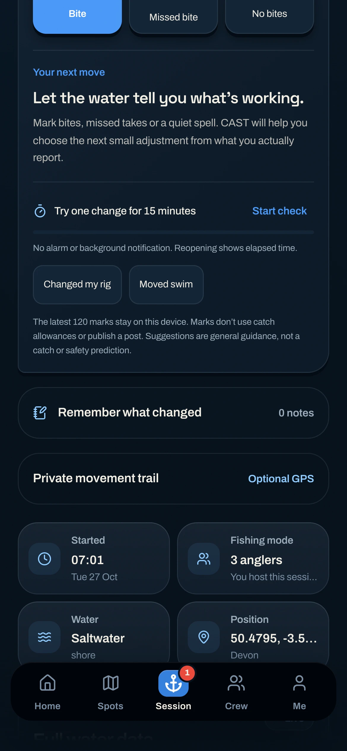 CAST live session catch display and quick actions