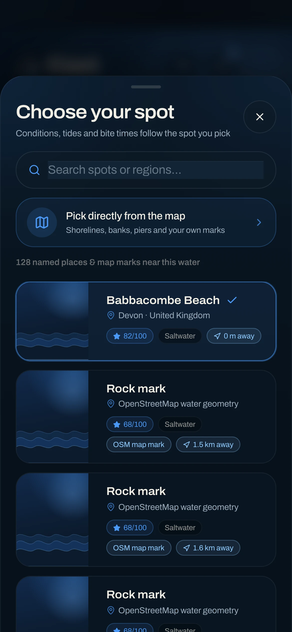 CAST fishing-spot search with nearby water and map picking